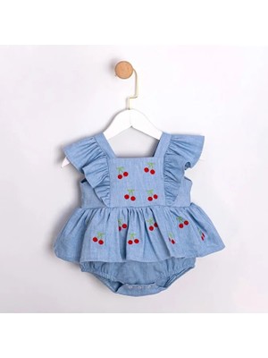 ministok Cherry Kiraz Nakışlı Kız Bebek Açık Mavi Kot Romper