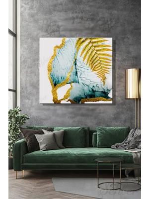 Şehber Kare Kanvas Duvar Tablosu Tekli Salon Mutfak Yatak Odası Ofis Soyut Altın Tropikal Yaprak