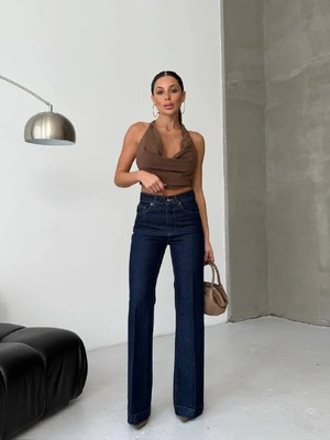 Herton Yüksek Bel %100 Pamuklu Bol Paça Denim Pantolon - Premium Jean