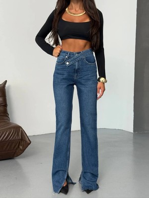 Herton Kadın Asimetrik Çapraz Bel Detaylı Wide Leg Jean Pantolon