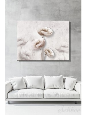 Şehber Modern Duvar Tablosu Yatay Kanvas Tekli Salon Mutfak Yatak Odası Ofis 3D Efekt Beyaz Çiçekler