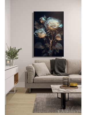 Şehber Dikey Kanvas Duvar Tablosu Tekli Salon Mutfak Yatak Odası Ofis Gold Efekt Beyaz Güller Illüstrasyon