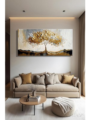 Şehber Yatay Tekli Kanvas Duvar Tablosu Modern Salon Mutfak Yatak Odası Ofis 3D Altın Efekt Ağaç