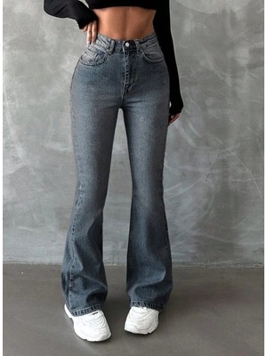 Herton Yüksek Bel Ispanyol Paça Jean Pantolon - Eskitme Detaylı Full Pamuklu Flare Denim