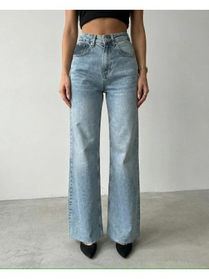 Herton Kadın Yüksek Bel Wide Leg Jean - Önü Pencereli Yırtık Detaylı Geniş Paça Denim Pantolon