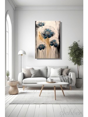 Şehber Dikey Kanvas Tablo Dekoratif Tekli Duvar Dekoru Salon Mutfak Yatak Odası Ofis Mavi Çiçekler