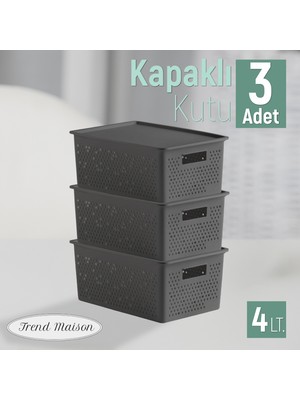 Trend Maison Çok Amaçlı Düzenleyici Organizer 4 L. Plastik Kapaklı Saklama Kutusu 3 Adet