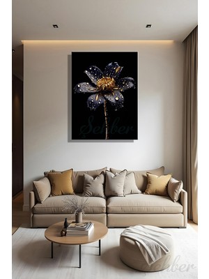 Şehber Dikey Kanvas Duvar Tablosu Tekli Salon Mutfak Yatak Odası Ofis Siyah Lotus Illüstrasyonu