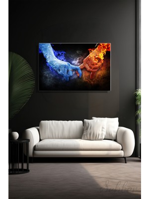 Şehber Yatay Kanvas Duvar Tablosu Tekli Salon Mutfak Yatak Odası Ofis Soyut Ateş ve Buz Temalı