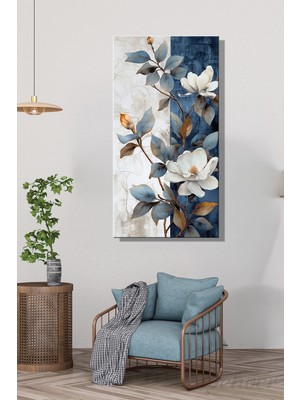 Şehber Dekoratif Kanvas Duvar Tablosu Dikey Tekli Mavi Beyaz Çiçekler Salon Mutfak Yatak Odası Ofis