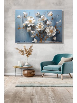 Şehber Yatay Kanvas Duvar Tablosu Tekli Salon Mutfak Yatak Odası Ofis 3D Altın Efekt Beyaz Çiçekler