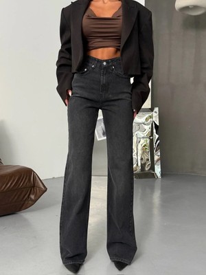 Herton Kadın Antrasit Yüksek Bel Wide Leg Jean Pantolon - %100 Pamuk  Denim