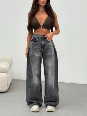 Herton Kadın Mavi Asimetrik Detaylı Geniş Paça %100 Pamuk Jean Pantolon