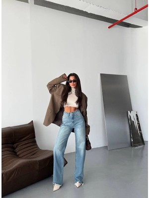 Herton Kadın Yüksek Bel Açık Mavi Wide Leg Jean Pantolon – Bol Paça, Vintage Yıkamalı, %98 Pamuk Cotton