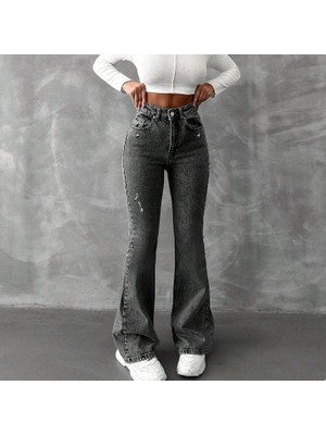 Herton Yüksek Bel Ispanyol Paça Jean Pantolon - Eskitme Detaylı Full Pamuklu Flare Denim