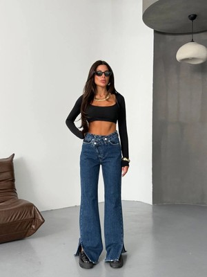 Herton Çift Düğmeli Yüksek Bel Yırtmaç Detaylı Wide Leg Jean Pantolon