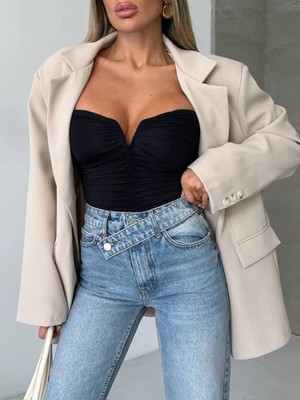 Herton Kadın Yüksek Bel Çapraz Kemer Wide Leg Jean – %100 Pamuk Füme Denim Pantolon