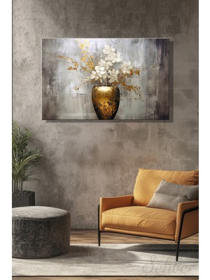 Şehber Yatay Kanvas Duvar Tablosu Tekli Salon Mutfak Yatak Odası Ofis Yağlı Boya Gold Efekt Soyut Çiçek