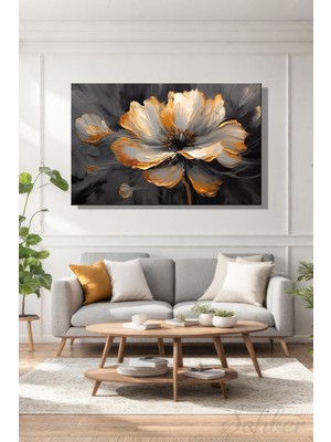 Şehber Kanvas Duvar Tablosu Yatay Tekli Salon Mutfak Yatak Odası Ofis Gold Efekt Beyaz Çiçek