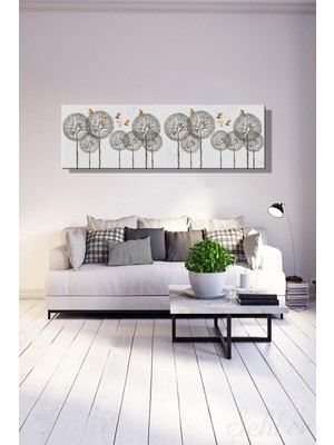 Şehber Panoramik Yatay Kanvas Duvar Tablosu Tekli Salon Mutfak Yatak Odası Ofis Altın Kuşlar