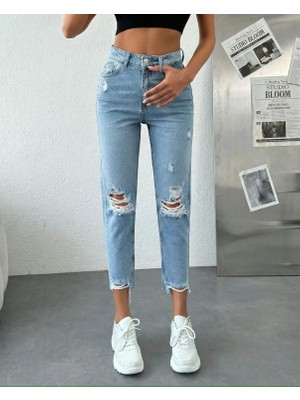 Herton Kadın  Dizleri Yırtık %100 Pamuk Jean Pantolon - Paçası Kesik Mom Fit Denim