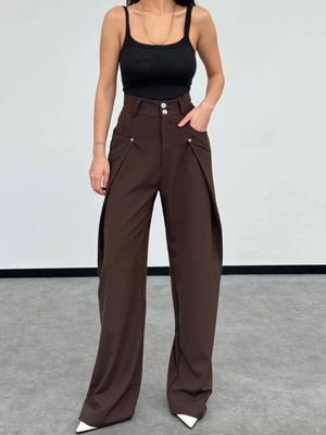 Herton Yüksek Bel Oversize Kesim Bej Palazzo Pantolon