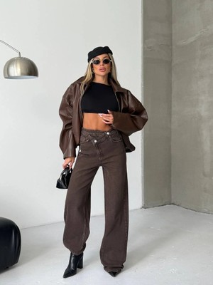 Herton Kadın %98 Pamuk Yüksek Bel Asimetrik Bel Wide Leg Jean