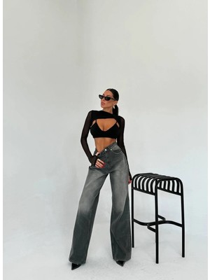 Herton Bağlama Detaylı Yüksek Bel Bol Paça Açık Denim Jean