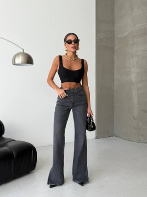 Herton Kadın Yüksek Bel Çapraz Kemer Wide Leg Jean – %100 Pamuk Füme Denim Pantolon