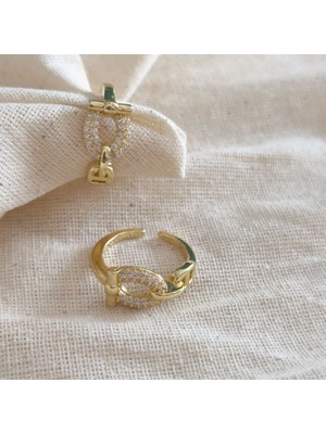 Museum Of You Kadın Yüzük 14K Altın Kaplama Işıltılı Zirkon Taşlı Gold Zincir Tasarım - Ayarlanabilir