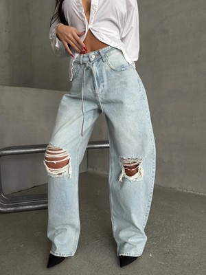 Herton Yüksek Bel Dizleri Yırtık Wide Leg Jean Pantolon