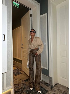 Herton Kadın Kahve Kamuflaj Desenli Yüksek Bel Bol Paça %100 Pamuk Pantolon – Salaş Fit Trend 2026