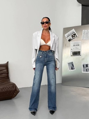 Herton Kadın Yüksek Bel Çapraz Düğme Detaylı Wide Leg Jean Pantolon