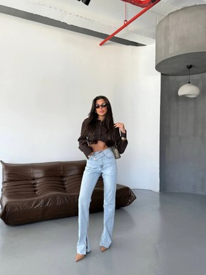 Herton Kadın Asimetrik Çapraz Bel Detaylı Wide Leg Jean Pantolon