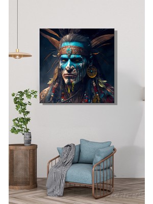 Şehber Kanvas Duvar Tablosu Kare Tekli Salon Mutfak Yatak Odası Ofis Dijital Kızılderili Savaşçı