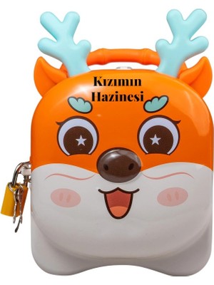Hediye Fikri Kişiye Özel Geyik Tasarımlı Kilitli Metal Kumbara – 16X10 cm Turuncu Renkt
