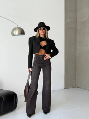 Herton Yüksek Bel Jean Pantolon – %100 Pamuk, Geniş Paça (Flare/wide Leg), Retro 90’lar Stil Kadın Denim