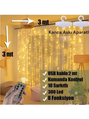 Yasima 300 Ledli 10 Sarkıtlı Uzaktan Kumandalı 8 Fonk Sarı Perde LED 3X3M Askı Aparatlı USB Girişli
