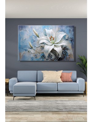 Şehber Yatay Kanvas Tablo Tekli Salon Mutfak Yatak Odası Ofis 3D Yağlı Boya Efekt Beyaz Zambak