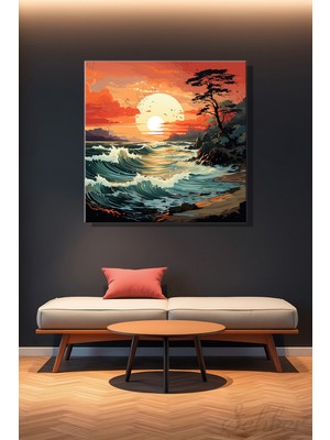 Şehber Kare Kanvas Duvar Tablosu Tekli Salon Mutfak Yatak Odası Ofis Yağlı Boya Efekt Plaj Gün Batımı