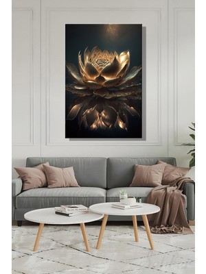 Şehber Modern Dekoratif Tekli Kanvas Duvar Tablosu Dikey Salon Mutfak Yatak Odası Ofis Altın Lotus