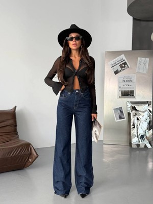 Herton Kadın Antrasit Yüksek Bel Wide Leg Jean Pantolon - %100 Pamuk  Denim