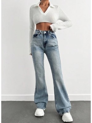 Herton Yüksek Bel Ispanyol Paça Jean Pantolon - Eskitme Detaylı Full Pamuklu Flare Denim