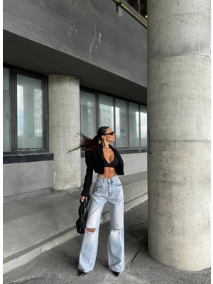 Herton Yüksek Bel Geniş Paça Jean - Dizleri Yırtık Detaylı Wide Leg Denim Pantolon