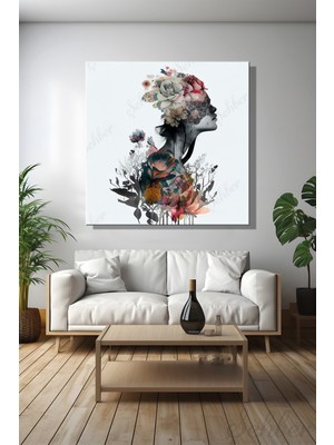Şehber Kare Kanvas Duvar Tablosu Tekli Salon Mutfak Yatak Odası Ofis Çiçekler ve Kadın Dijital Sanat