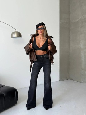 Herton Kadın Siyah Yüksek Bel Ispanyol Paça Jean Pantolon - Premium Pamuklu Flare Denim