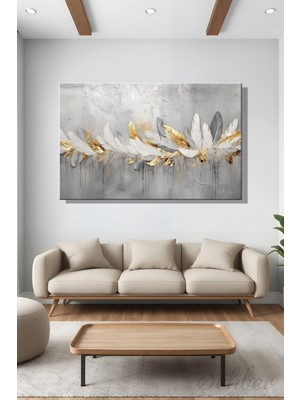 Şehber Yatay Kanvas Duvar Tablosu Tekli Salon Mutfak Yatak Odası Ofis Beyaz Altın Kuş Tüyleri