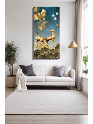 Şehber Panoramik Dikey Kanvas Duvar Tablosu Tekli Salon Mutfak Yatak Odası Ofis Altın Geyikler
