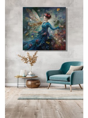 Şehber Kanvas Duvar Tablosu Kare Tekli Salon Mutfak Yatak Odası Ofis Fantezi Kadın ve Yusufçuk Figürü