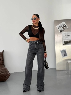 Herton Kadın Antrasit Yüksek Bel Wide Leg Jean Pantolon - %100 Pamuk  Denim